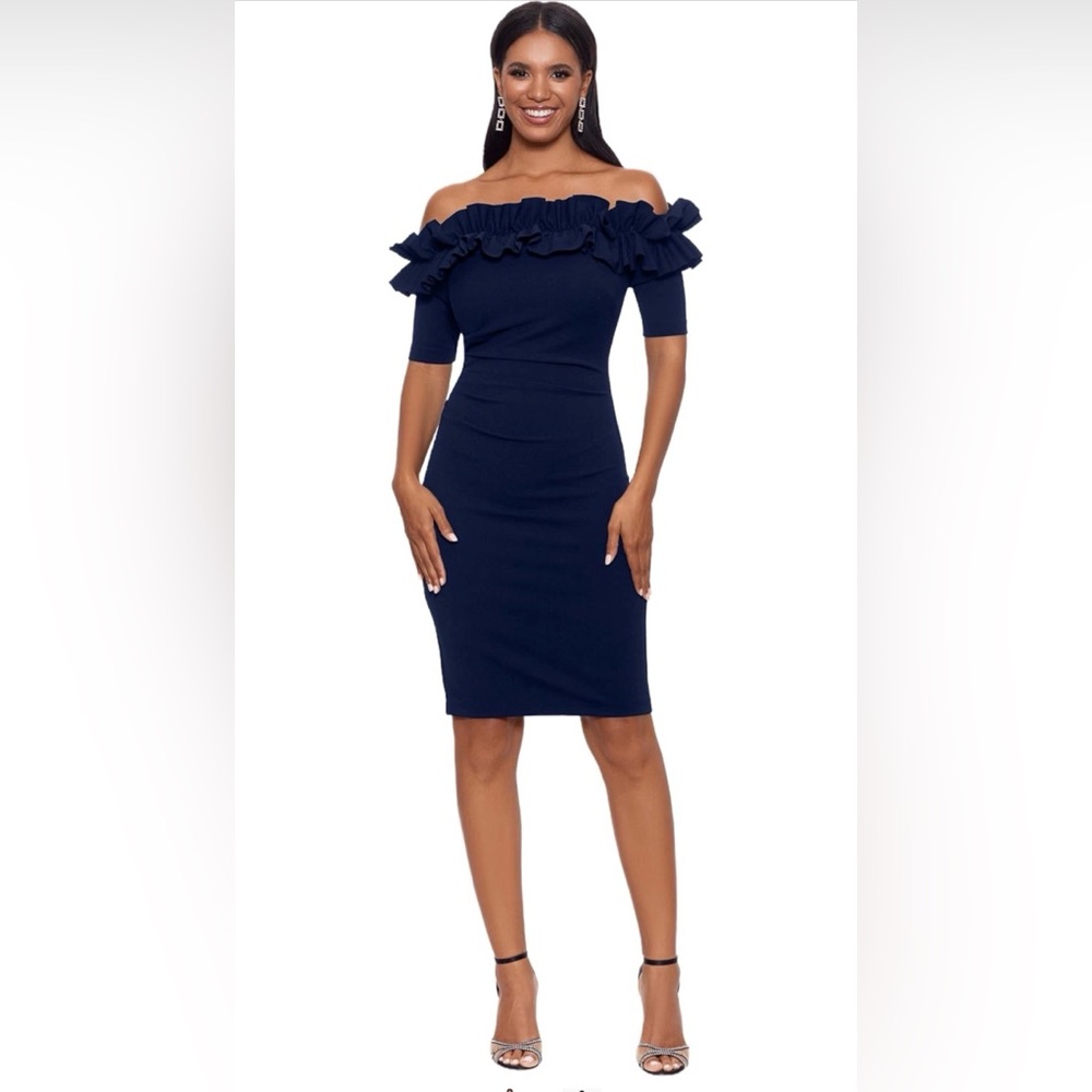 Xscape Navy Strapless Ruffle Cocktail Dress
